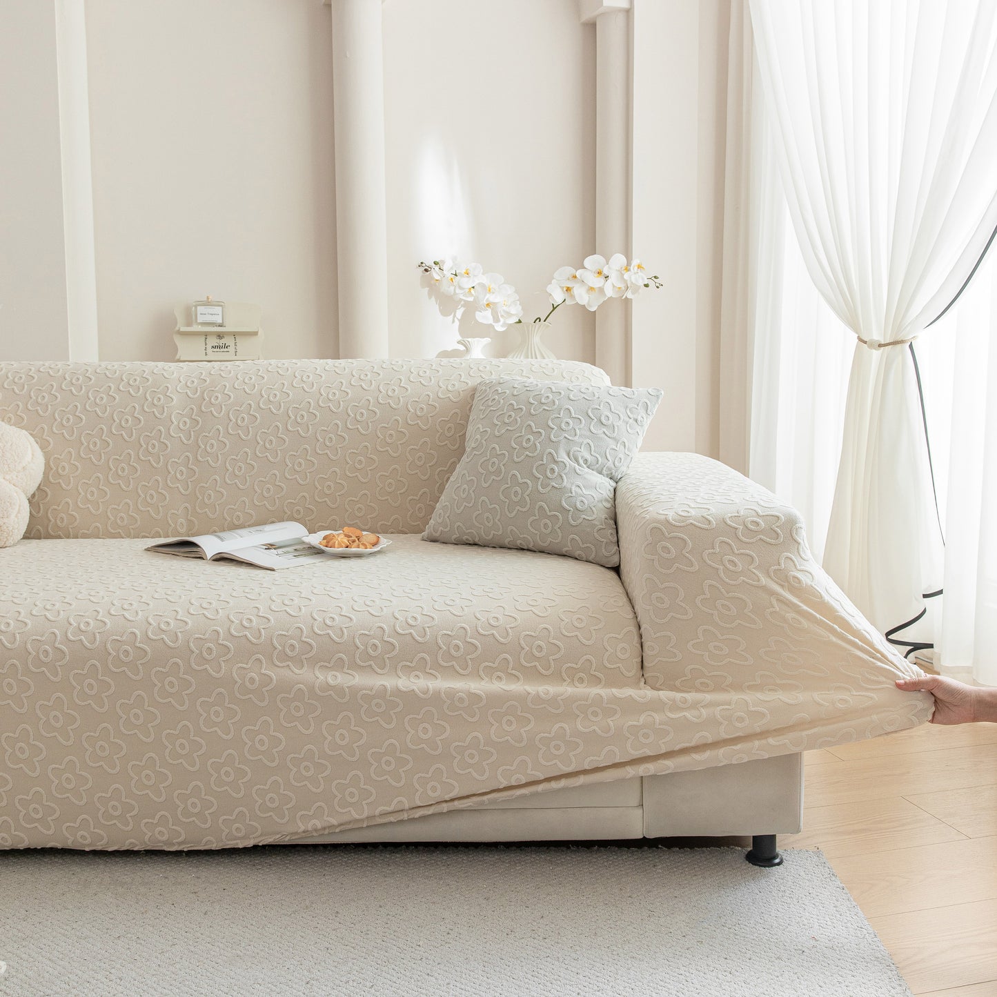 High Stretch Jacquard Sofa Slipcover, Soft Spandex Textured Floral Couch Cover