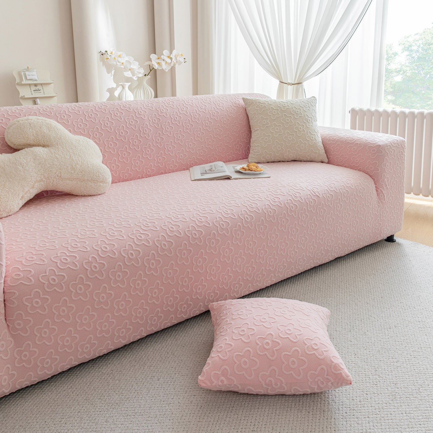 High Stretch Jacquard Sofa Slipcover, Soft Spandex Textured Floral Couch Cover