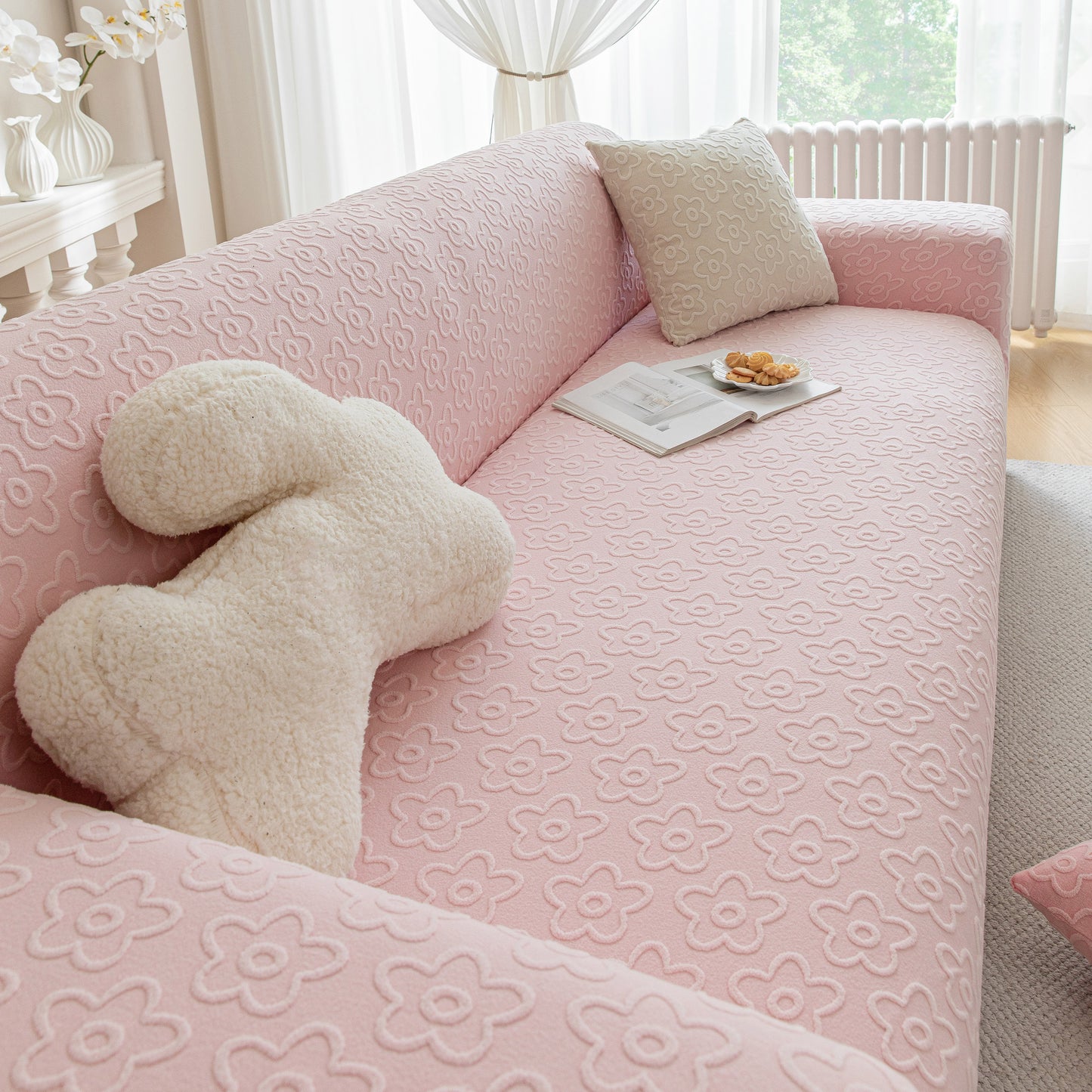 High Stretch Jacquard Sofa Slipcover, Soft Spandex Textured Floral Couch Cover