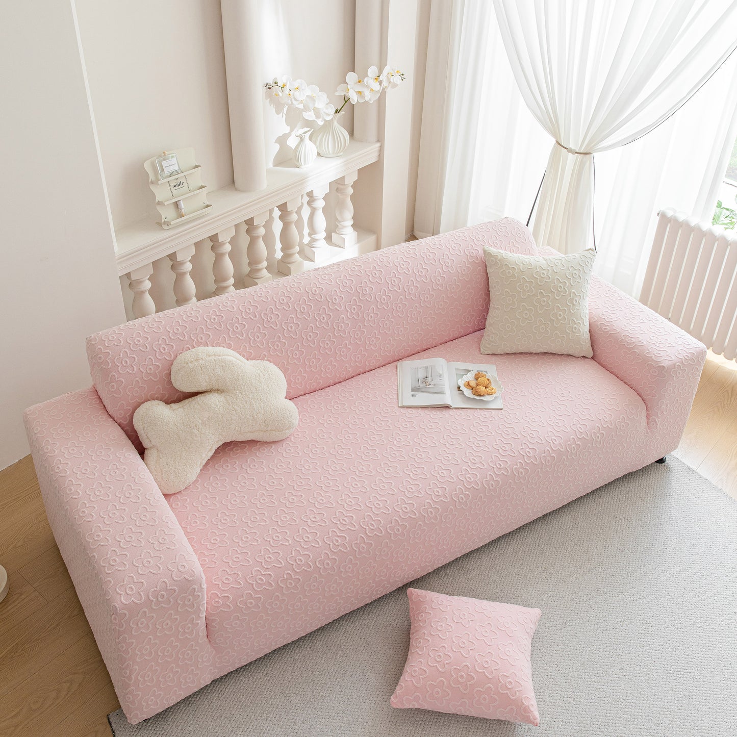 High Stretch Jacquard Sofa Slipcover, Soft Spandex Textured Floral Couch Cover