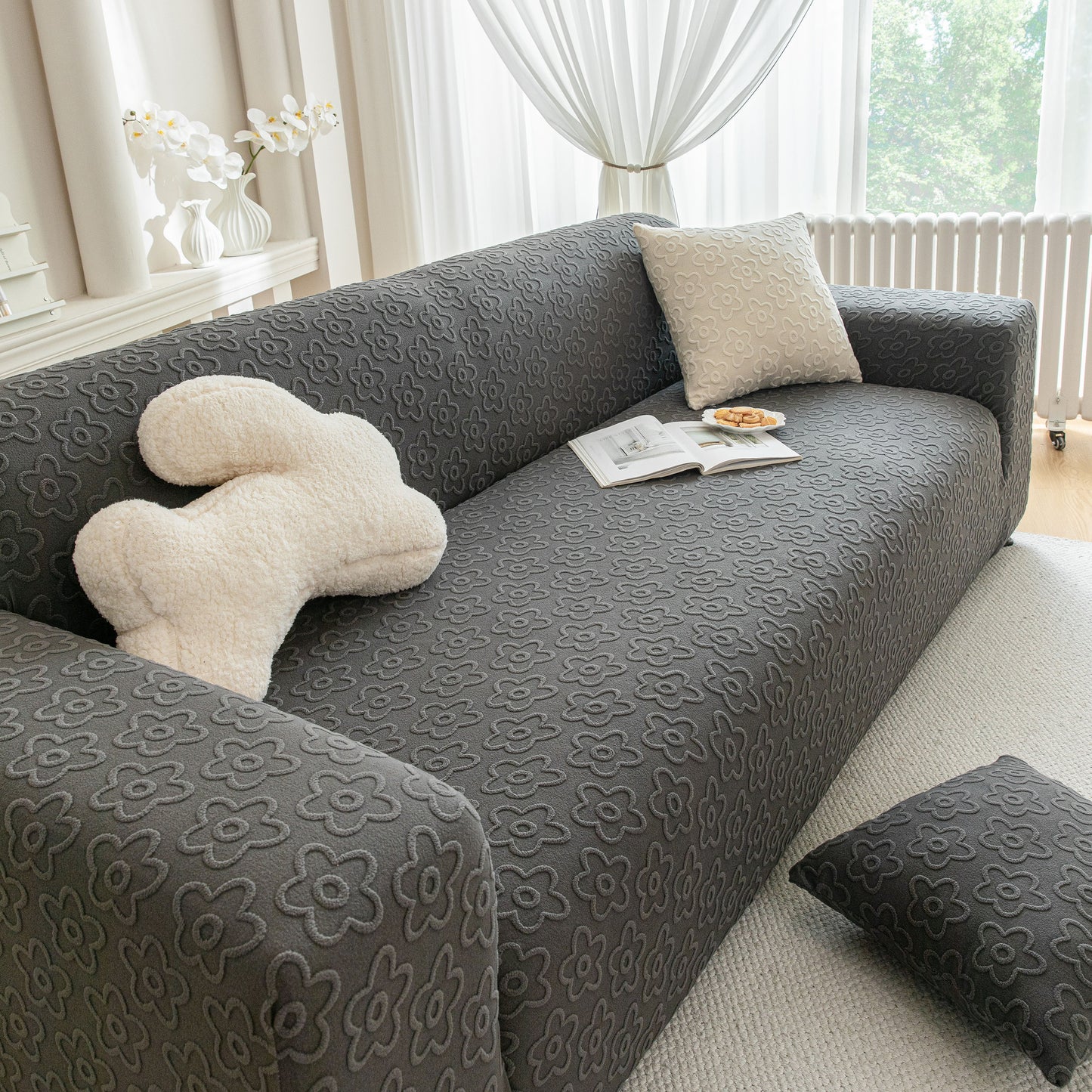 High Stretch Jacquard Sofa Slipcover, Soft Spandex Textured Floral Couch Cover