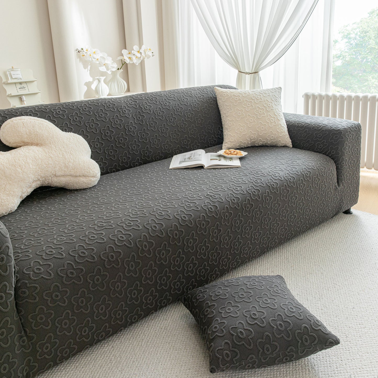 High Stretch Jacquard Sofa Slipcover, Soft Spandex Textured Floral Couch Cover