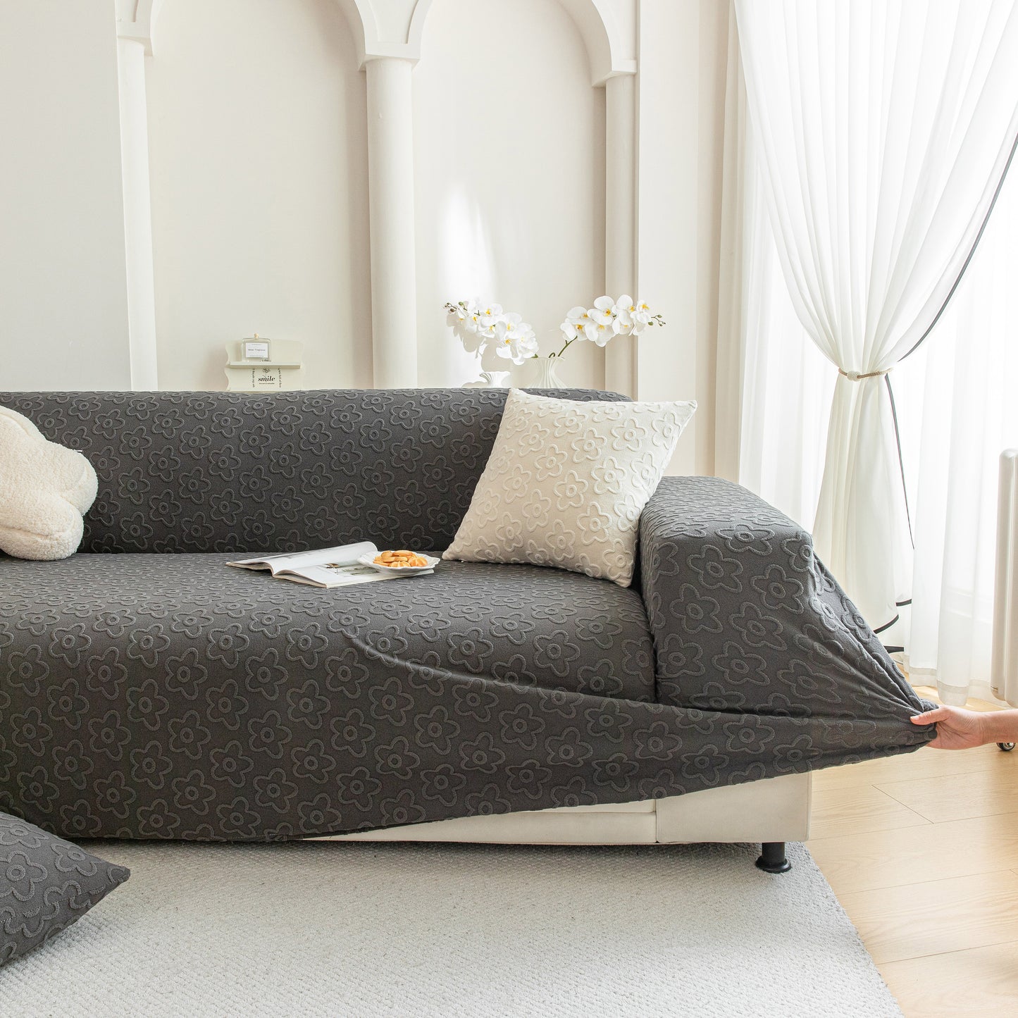 High Stretch Jacquard Sofa Slipcover, Soft Spandex Textured Floral Couch Cover