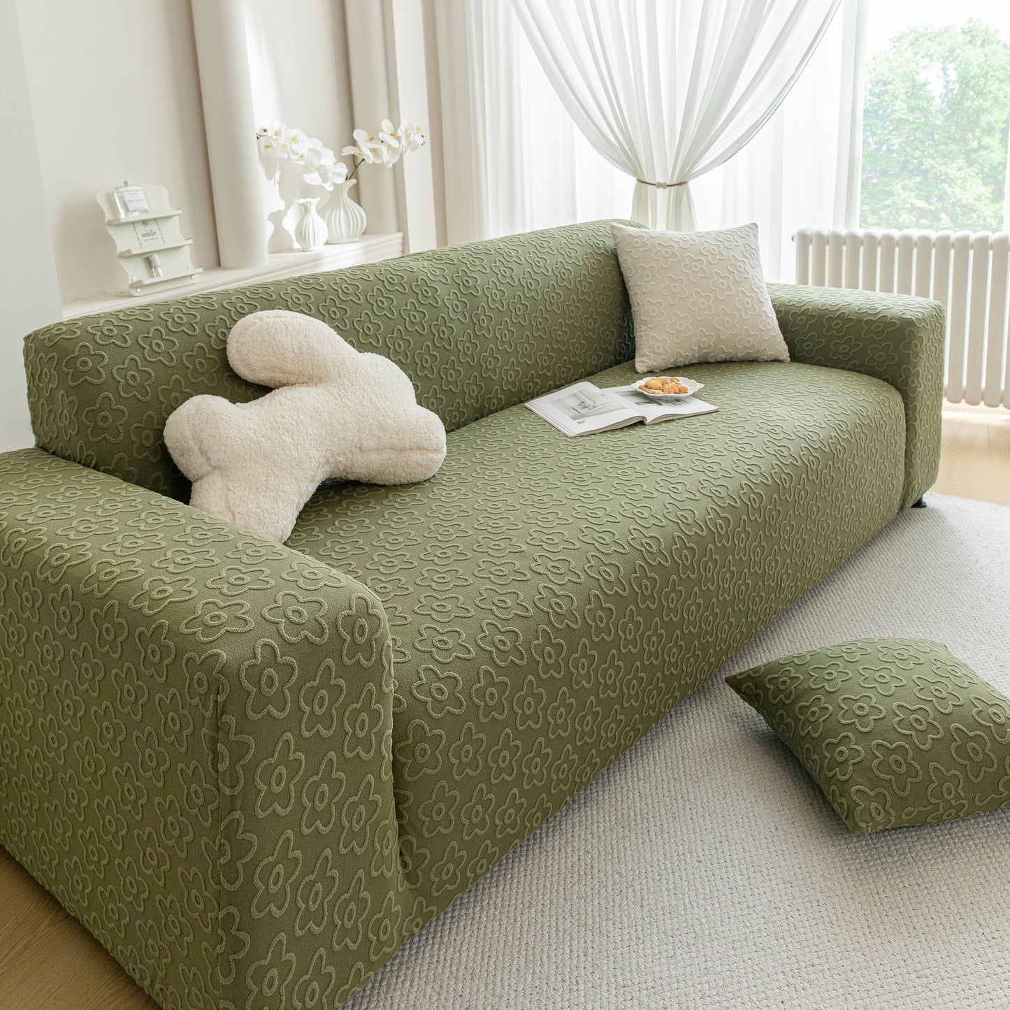 High Stretch Jacquard Sofa Slipcover, Soft Spandex Textured Floral Couch Cover