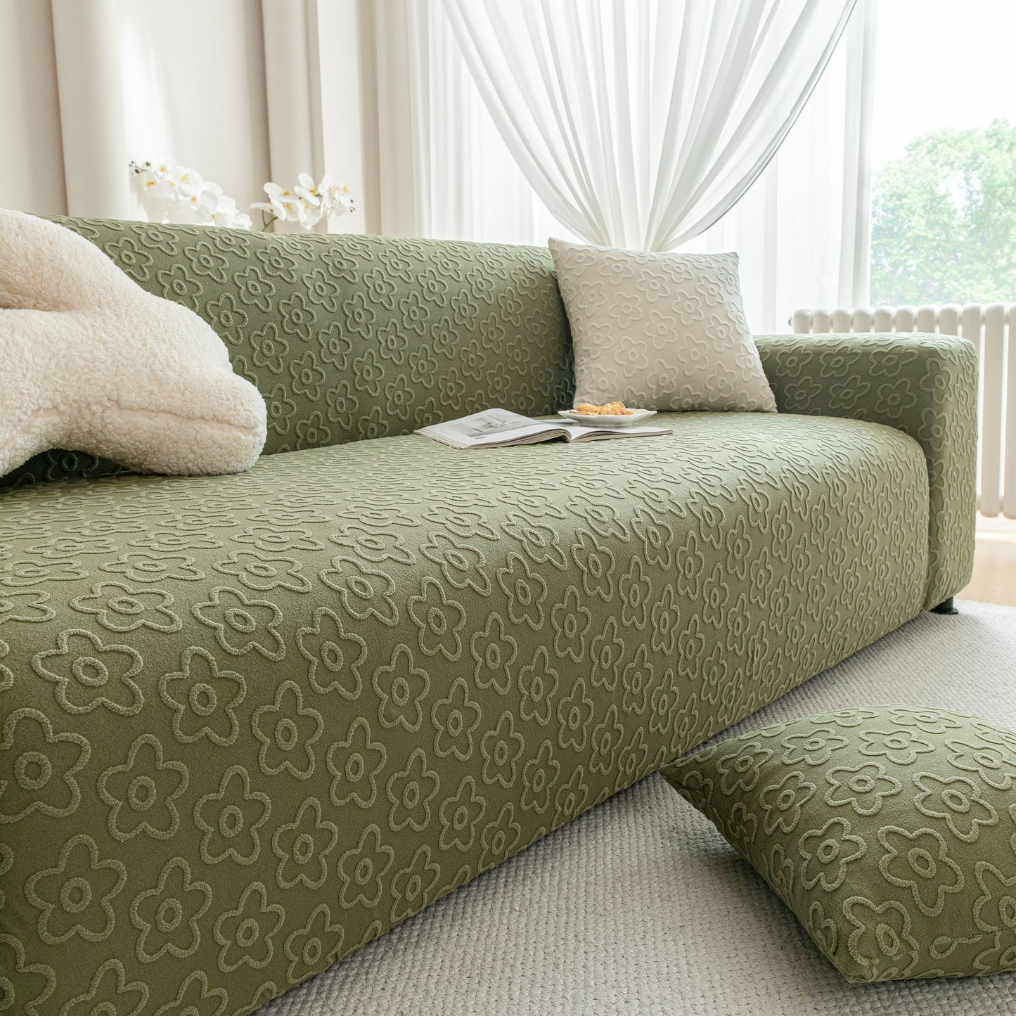 High Stretch Jacquard Sofa Slipcover, Soft Spandex Textured Floral Couch Cover