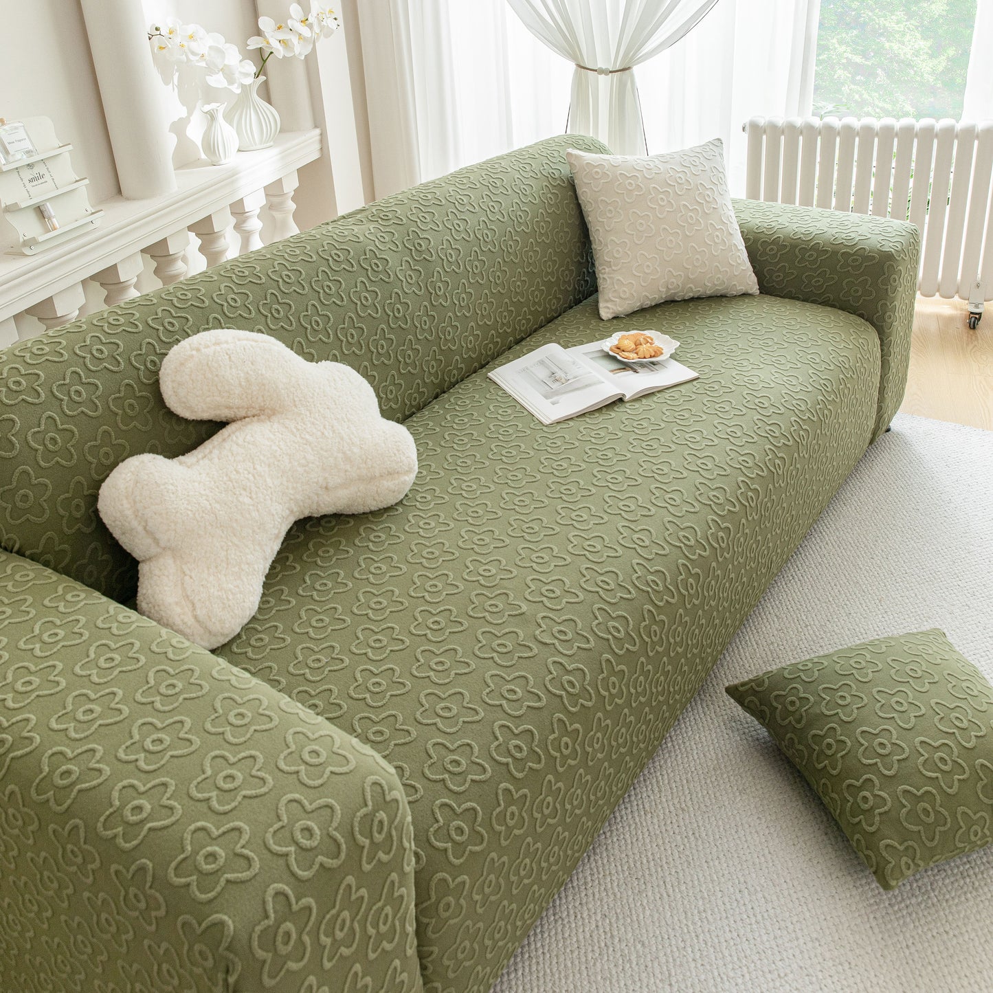 High Stretch Jacquard Sofa Slipcover, Soft Spandex Textured Floral Couch Cover