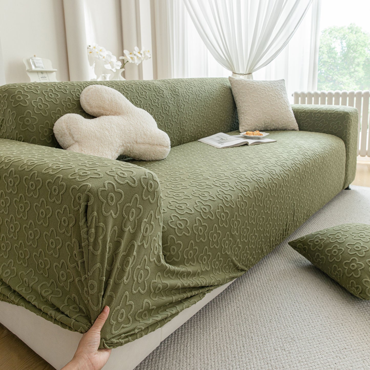 High Stretch Jacquard Sofa Slipcover, Soft Spandex Textured Floral Couch Cover