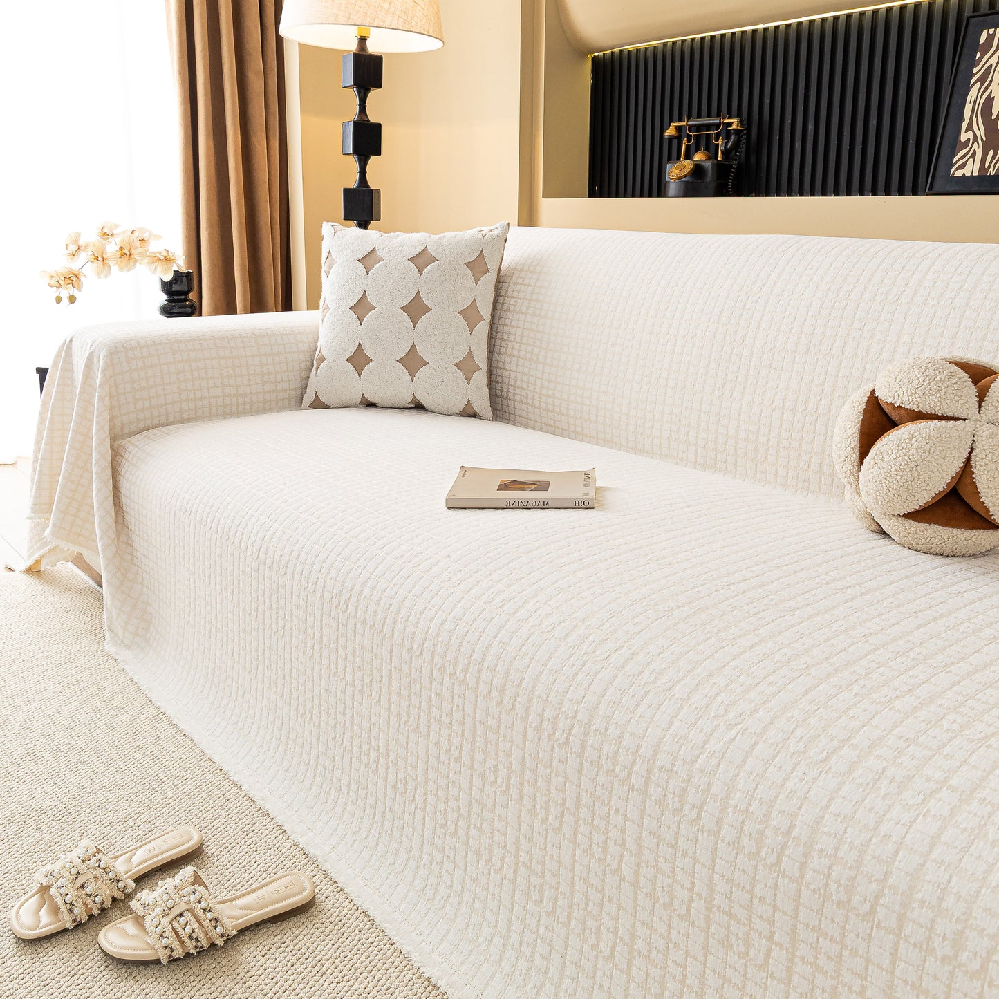 Jacquard Textured Couch Cover Throw, Soft Thick Decorative Slipcover for Couch