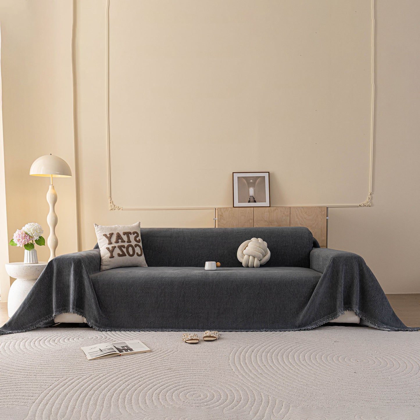 Embossed Leaf Pattern Couch Cover Throw Blanket, Japandi Furniture Cover Protector