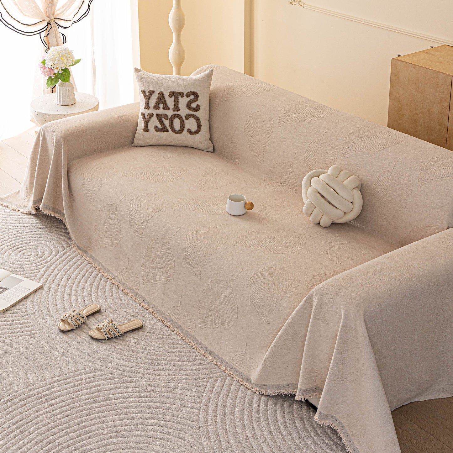 Embossed Leaf Pattern Couch Cover Throw Blanket, Japandi Furniture Cover Protector