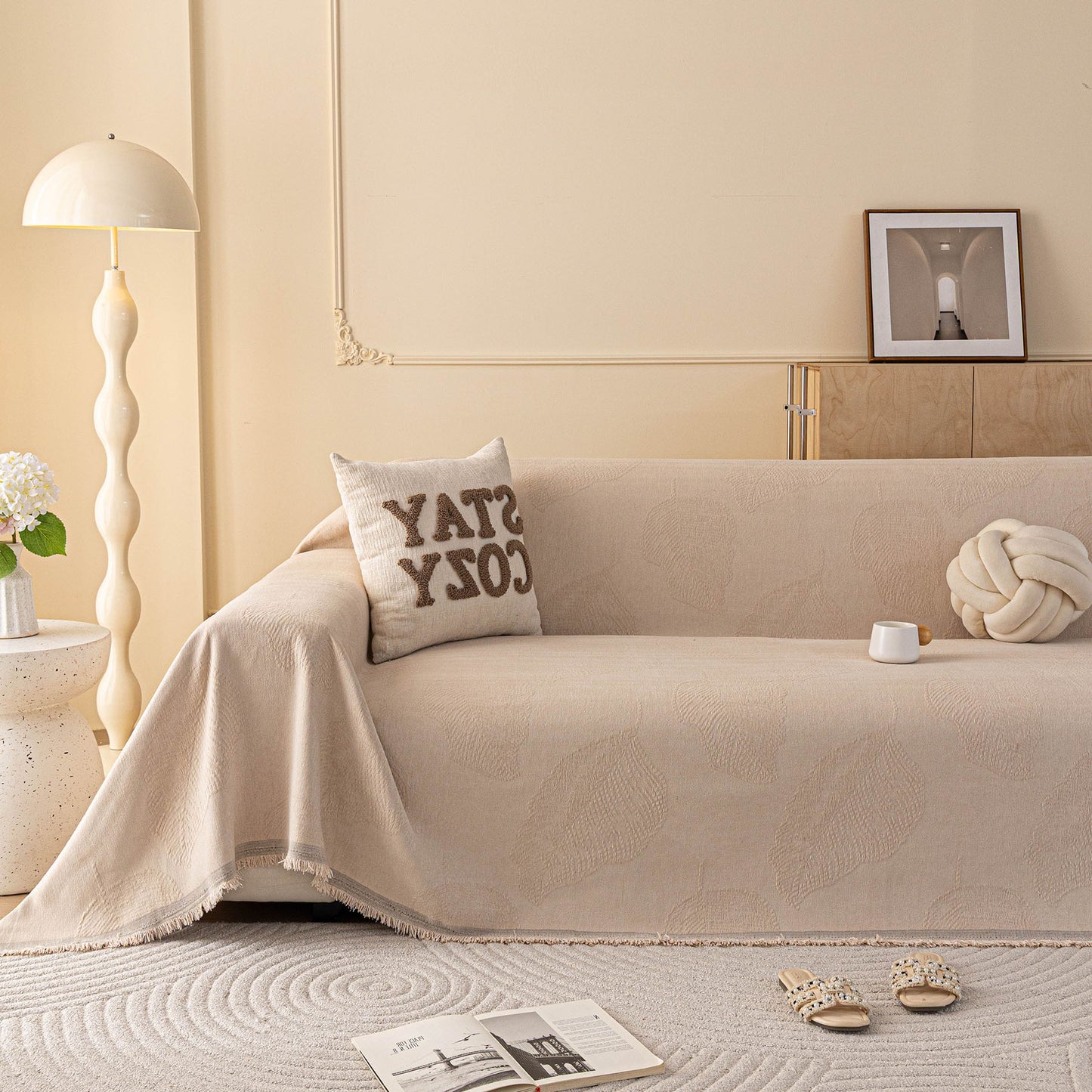 Embossed Leaf Pattern Couch Cover Throw Blanket, Japandi Furniture Cover Protector