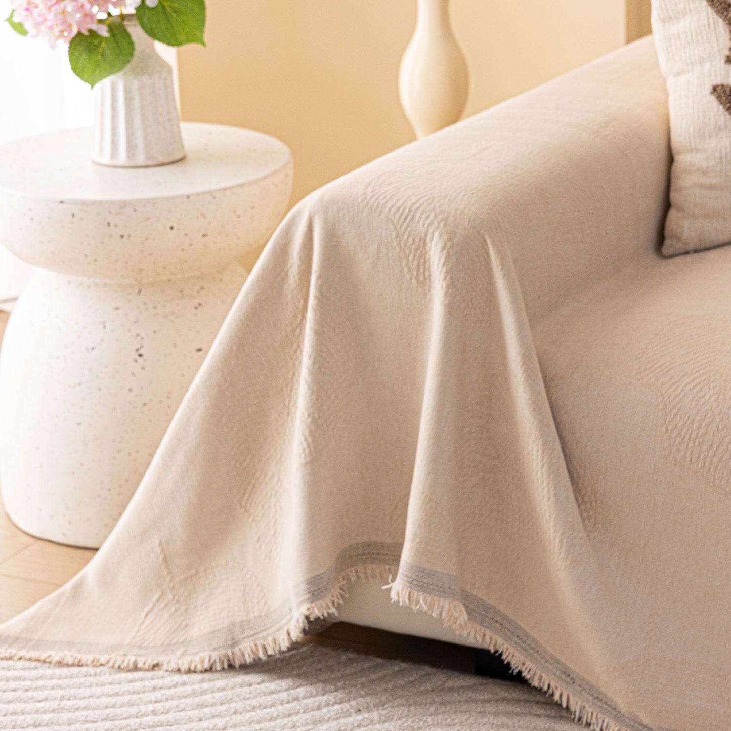 Embossed Leaf Pattern Couch Cover Throw Blanket, Japandi Furniture Cover Protector