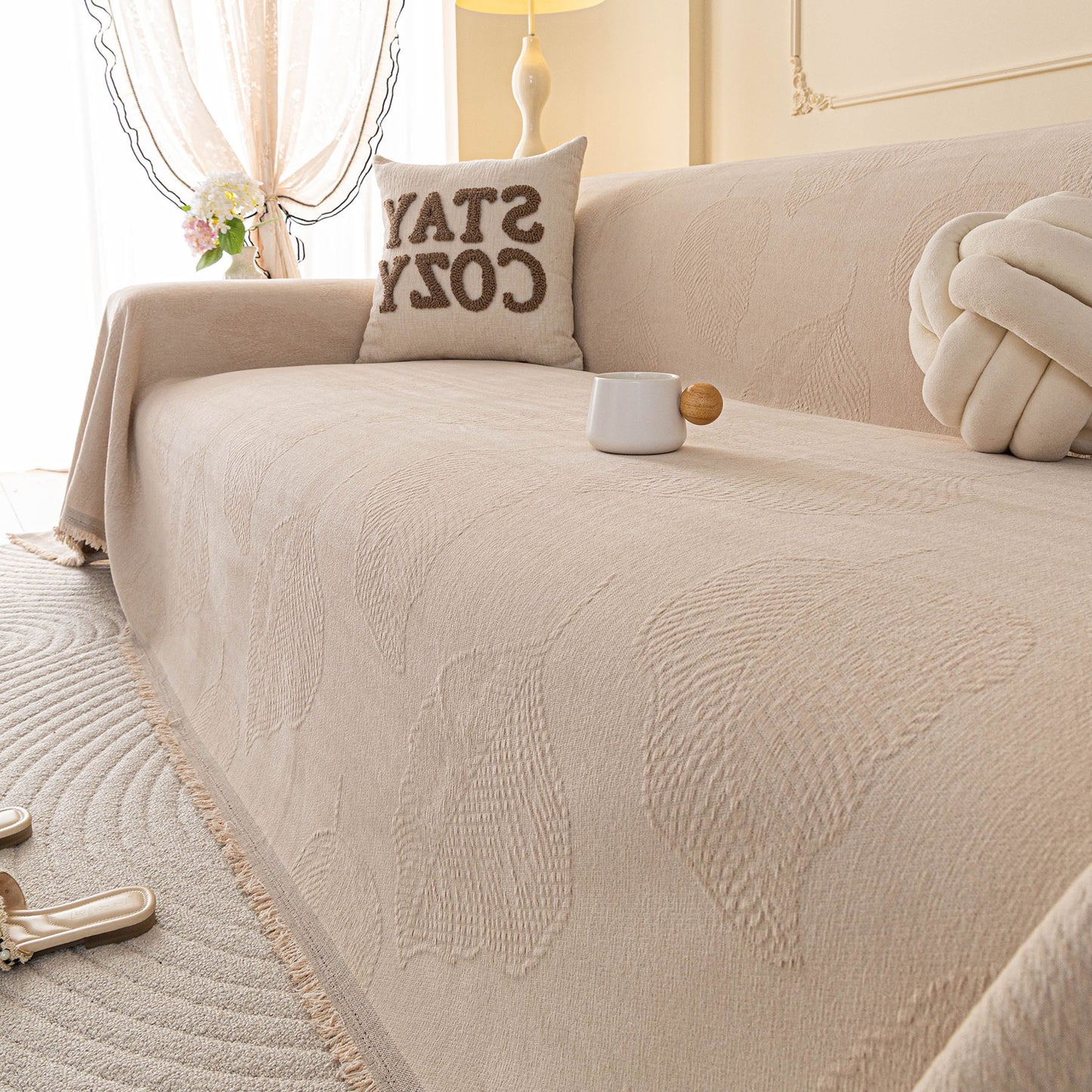 Embossed Leaf Pattern Couch Cover Throw Blanket, Japandi Furniture Cover Protector