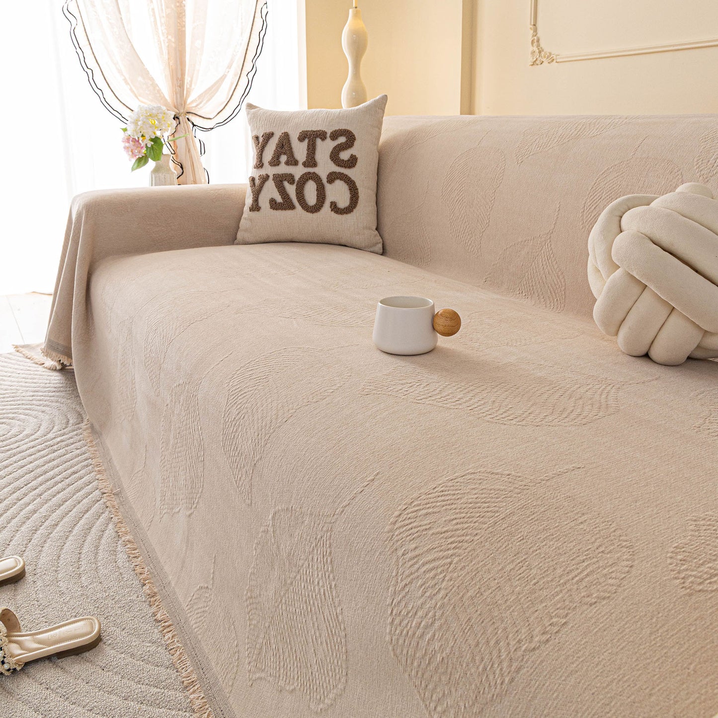 Embossed Leaf Pattern Couch Cover Throw Blanket, Japandi Furniture Cover Protector