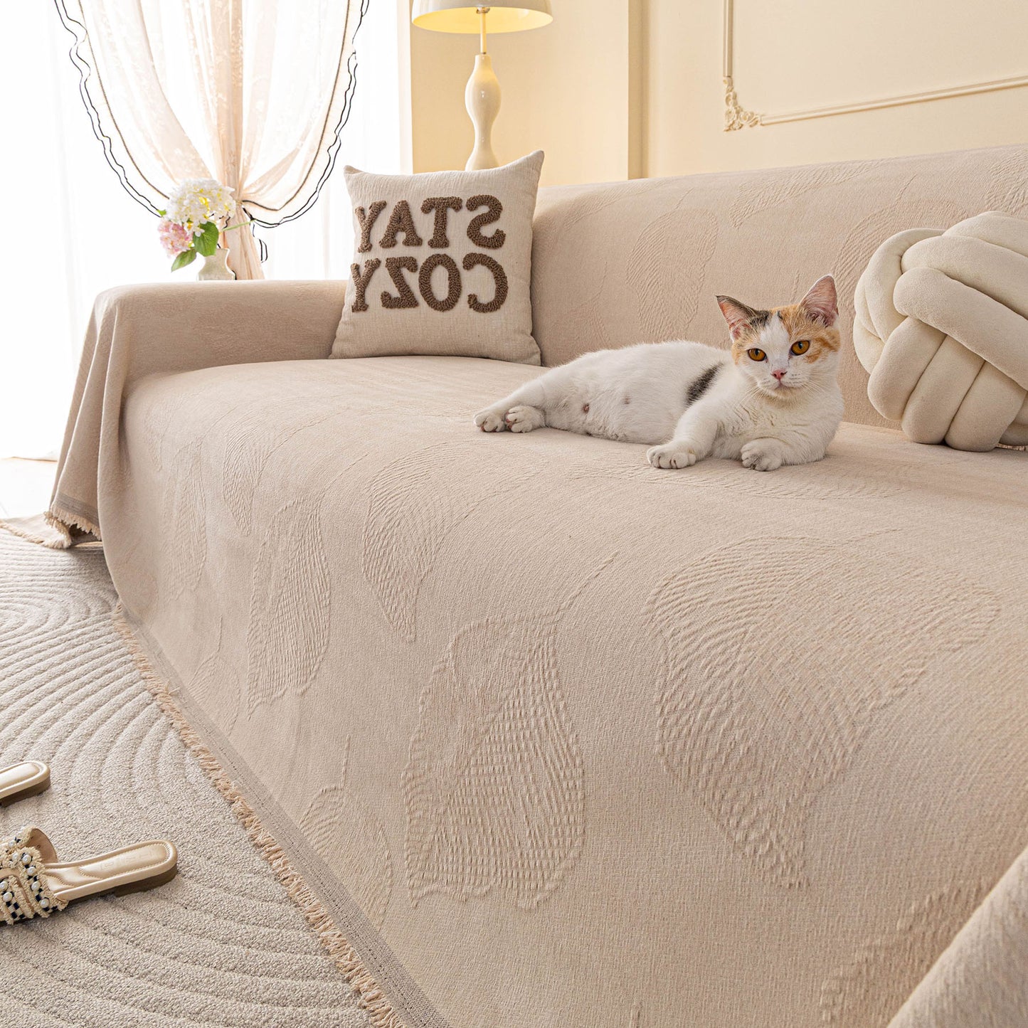 Embossed Leaf Pattern Couch Cover Throw Blanket, Japandi Furniture Cover Protector