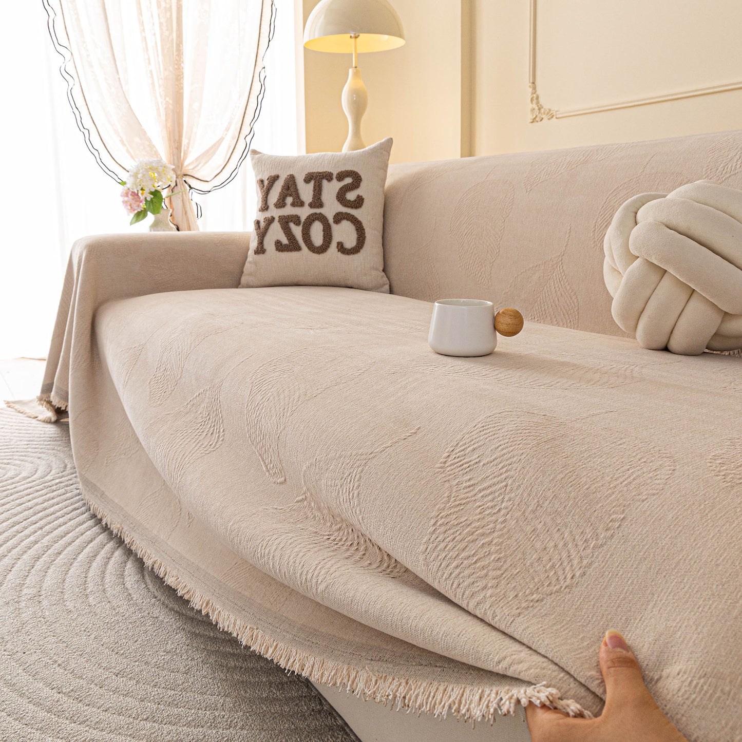 Embossed Leaf Pattern Couch Cover Throw Blanket, Japandi Furniture Cover Protector
