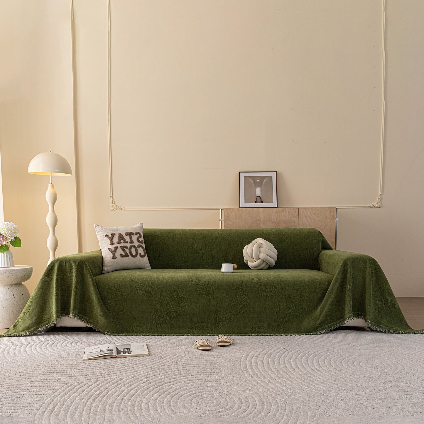 Embossed Leaf Pattern Couch Cover Throw Blanket, Japandi Furniture Cover Protector