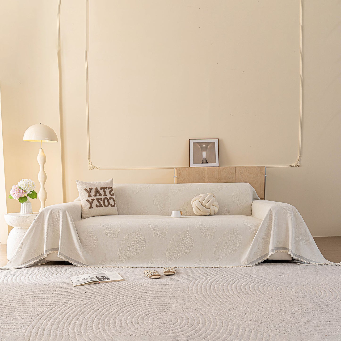 Embossed Leaf Pattern Couch Cover Throw Blanket, Japandi Furniture Cover Protector