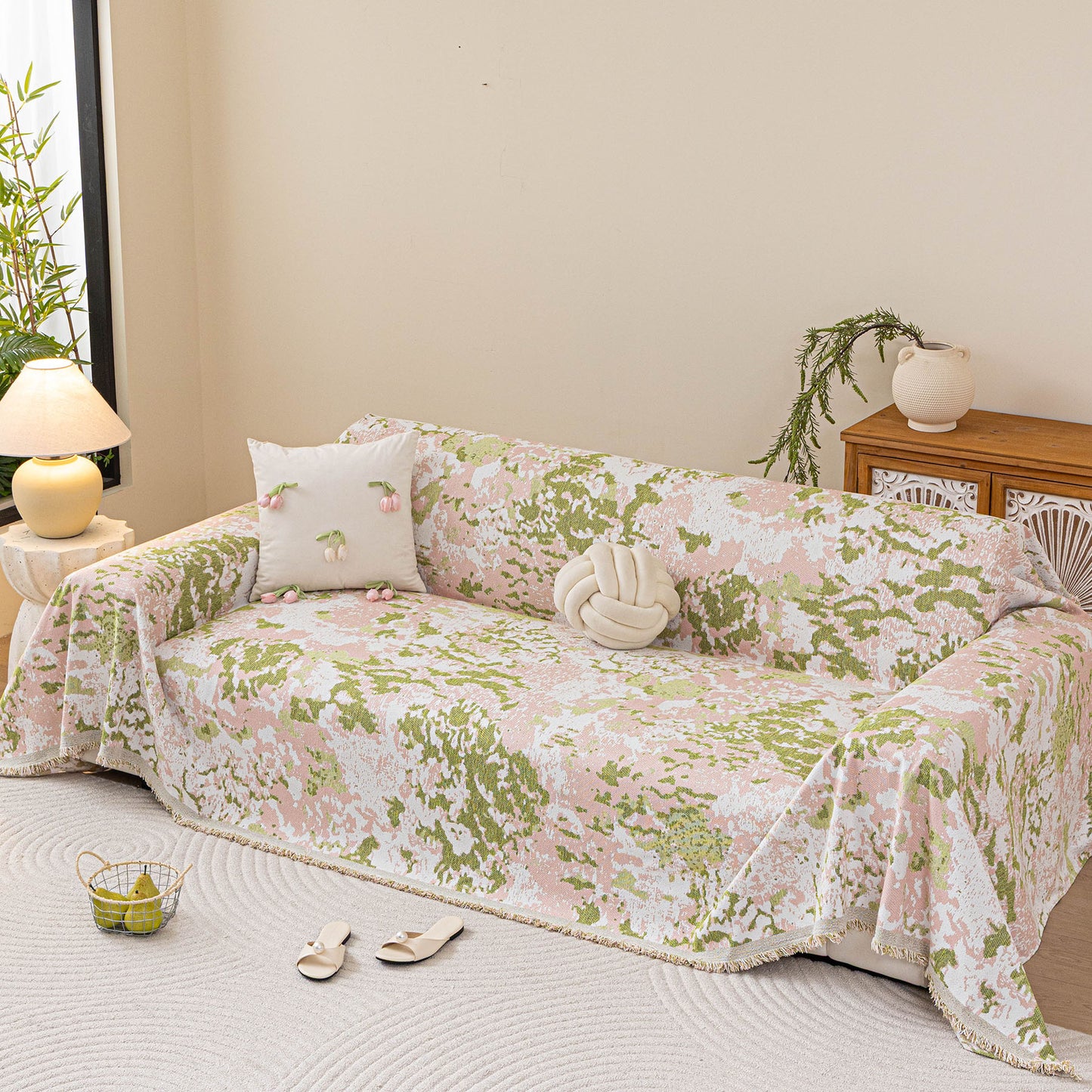 Chenille Throw Blanket Sofa Cover, Abstract Watercolor Couch Cover with Tassel Fringe