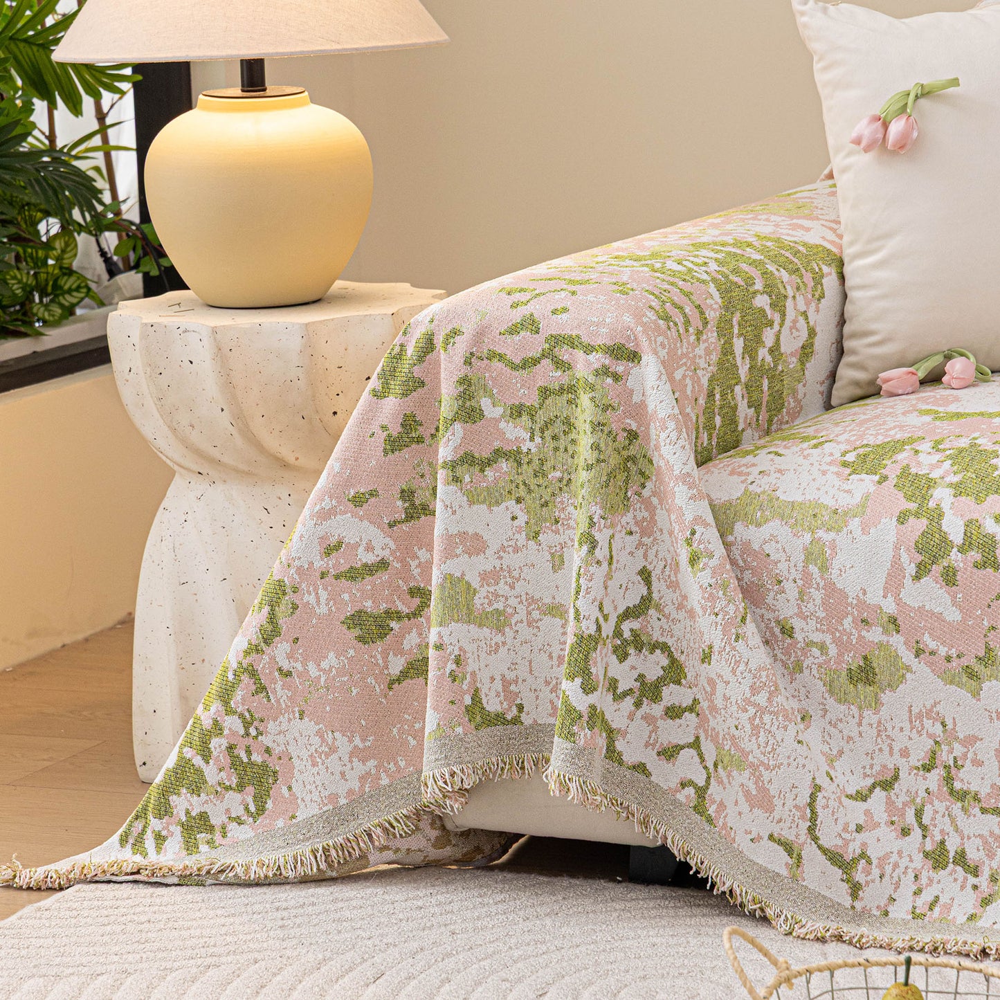 Chenille Throw Blanket Sofa Cover, Abstract Watercolor Couch Cover with Tassel Fringe