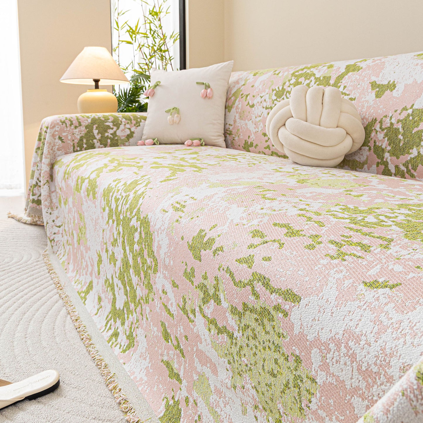 Chenille Throw Blanket Sofa Cover, Abstract Watercolor Couch Cover with Tassel Fringe