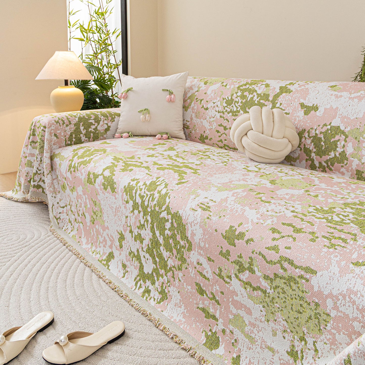 Chenille Throw Blanket Sofa Cover, Abstract Watercolor Couch Cover with Tassel Fringe