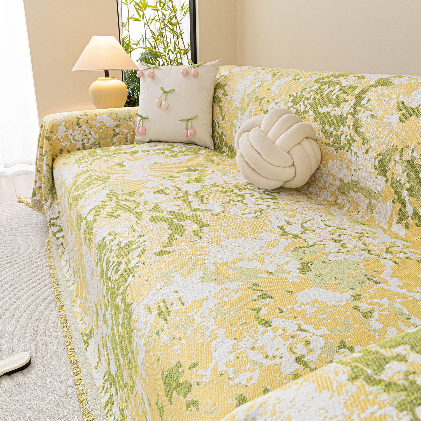 Chenille Throw Blanket Sofa Cover, Abstract Watercolor Couch Cover with Tassel Fringe