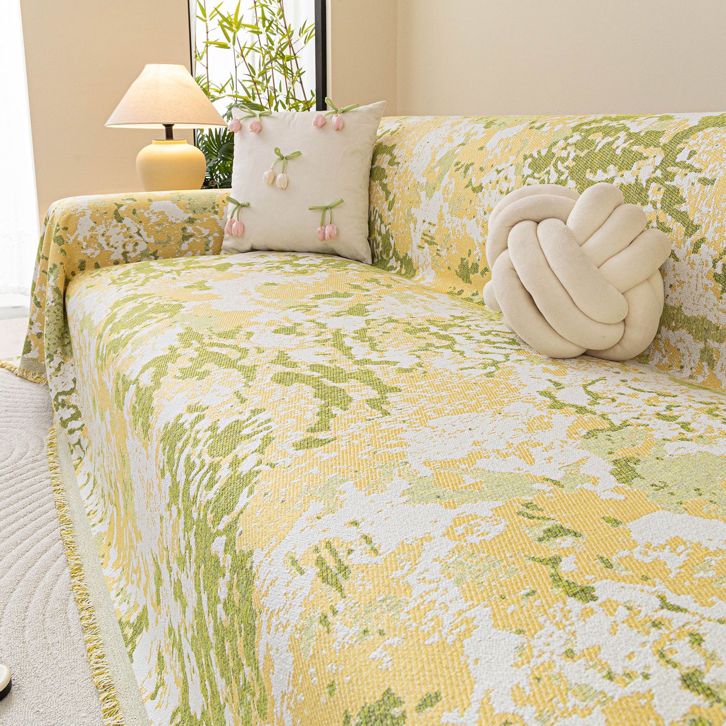 Chenille Throw Blanket Sofa Cover, Abstract Watercolor Couch Cover with Tassel Fringe