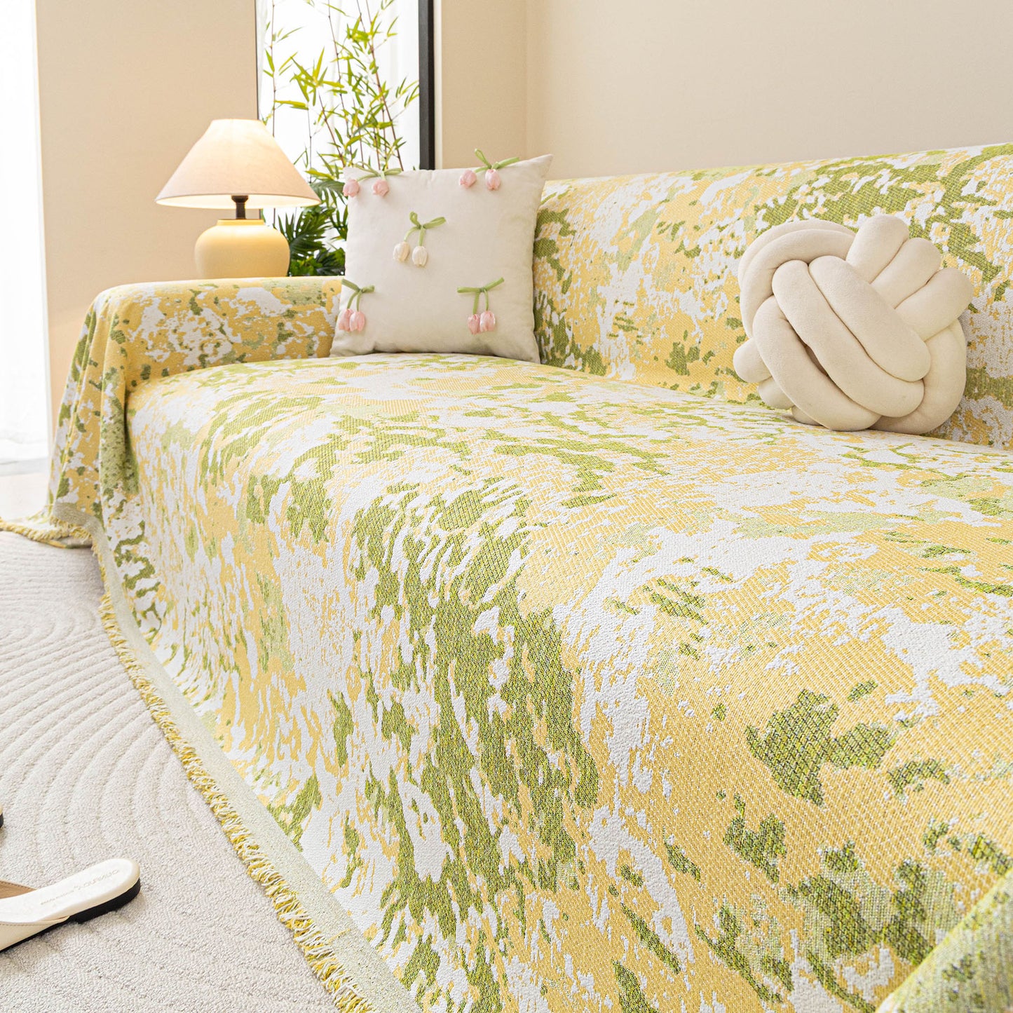 Chenille Throw Blanket Sofa Cover, Abstract Watercolor Couch Cover with Tassel Fringe