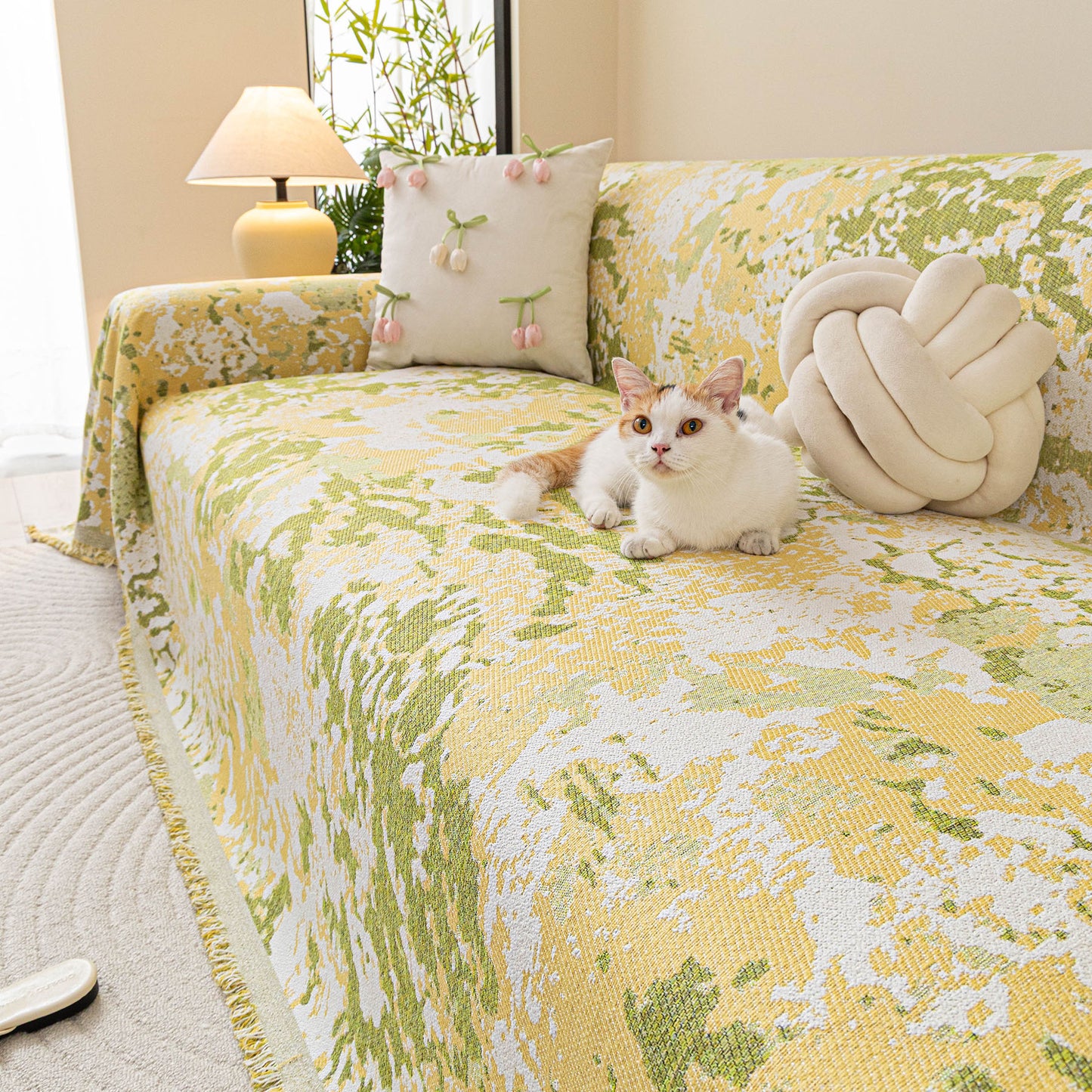 Chenille Throw Blanket Sofa Cover, Abstract Watercolor Couch Cover with Tassel Fringe