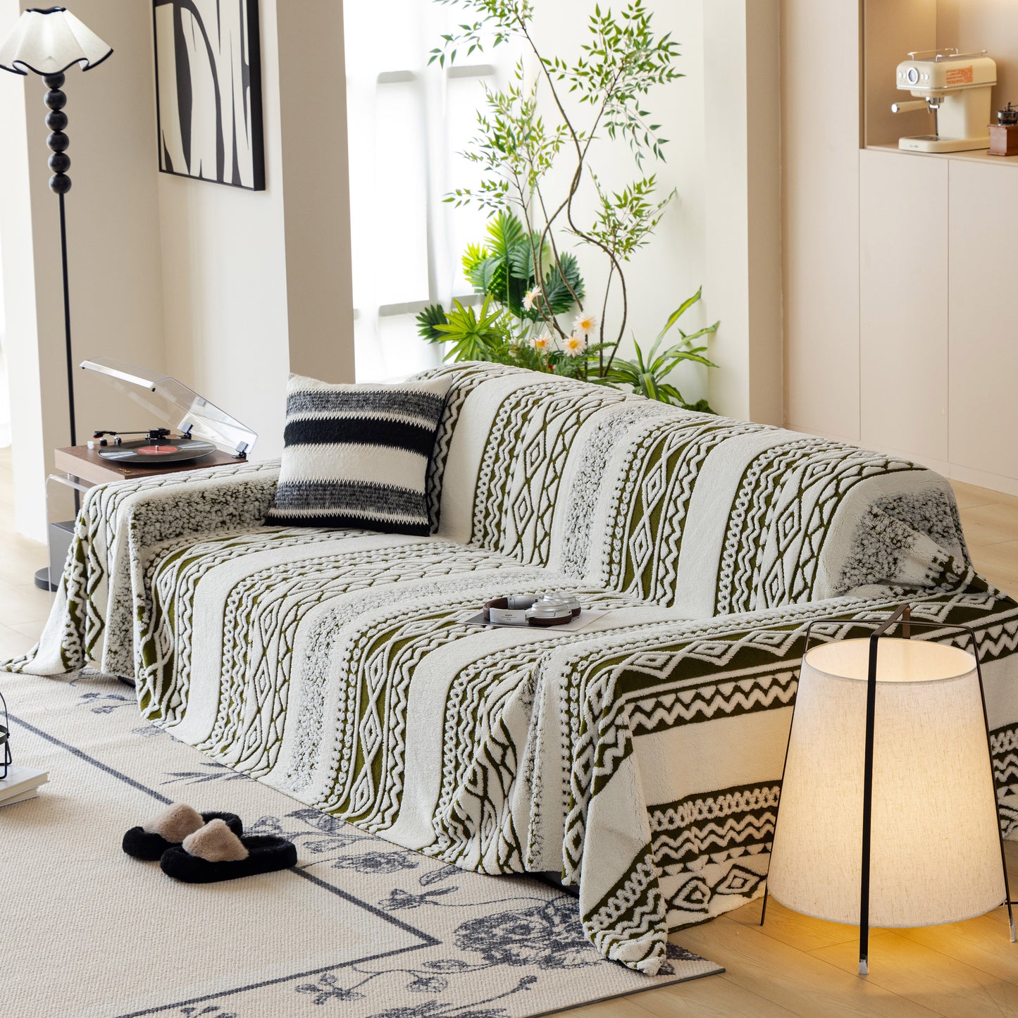 Bohemian Tufted Sofa Cover, Plush Fleece Throw Blanket with 3D Woven Aztec Stripes