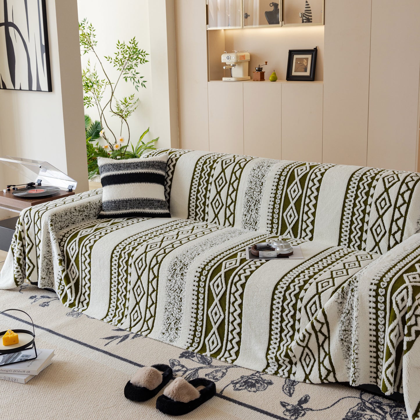 Bohemian Tufted Sofa Cover, Plush Fleece Throw Blanket with 3D Woven Aztec Stripes