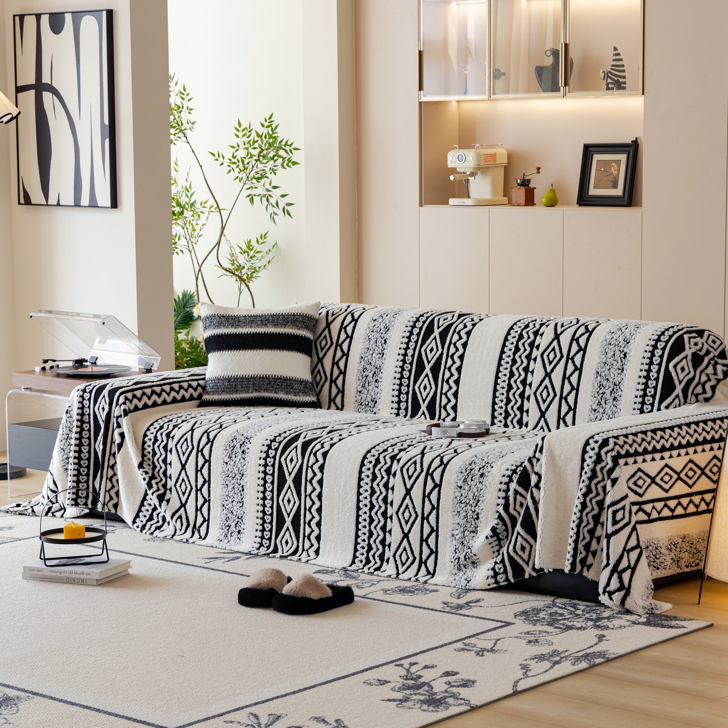 Bohemian Tufted Sofa Cover, Plush Fleece Throw Blanket with 3D Woven Aztec Stripes