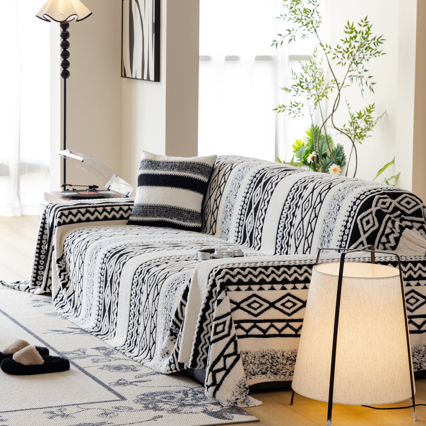 Bohemian Tufted Sofa Cover, Plush Fleece Throw Blanket with 3D Woven Aztec Stripes