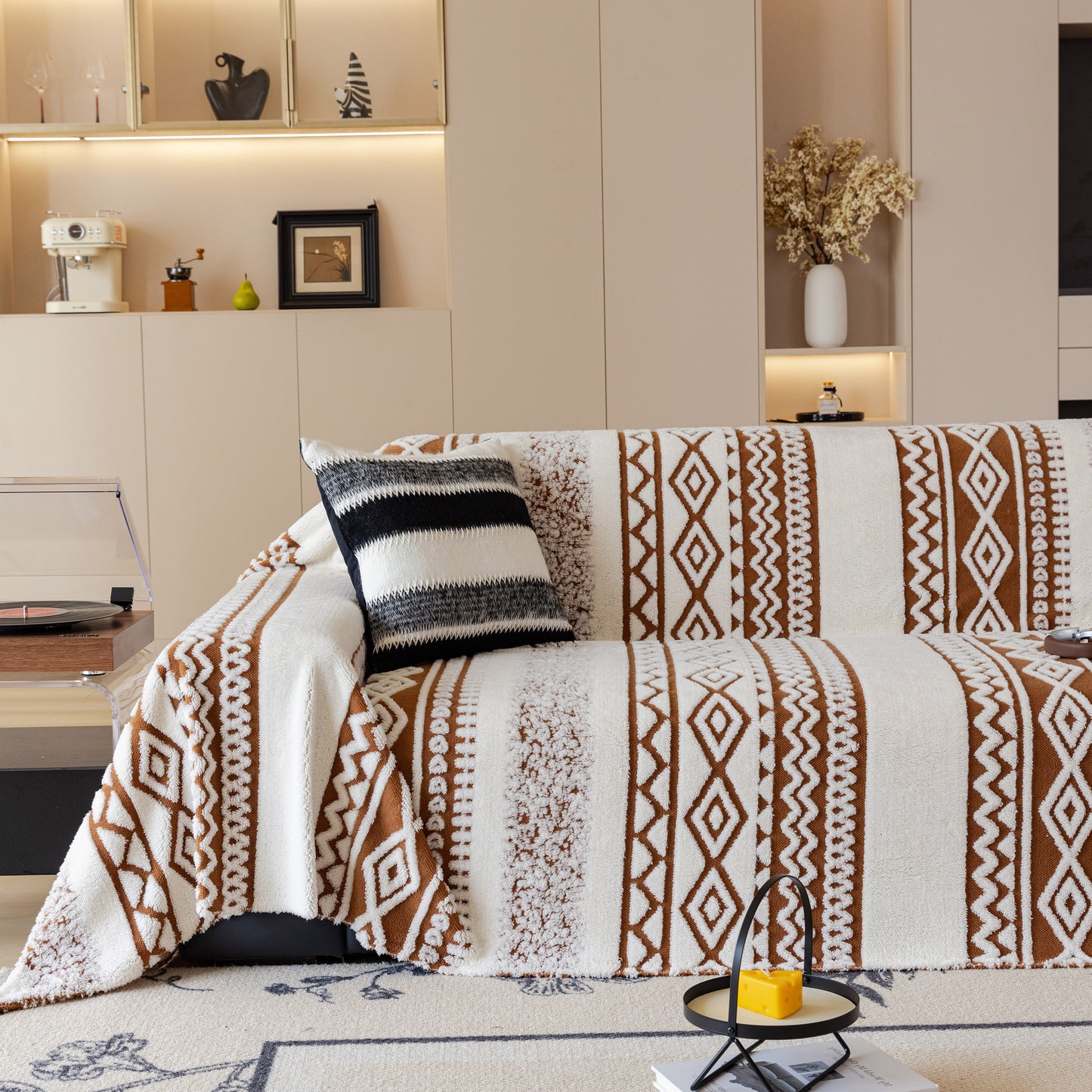 Bohemian Tufted Sofa Cover, Plush Fleece Throw Blanket with 3D Woven Aztec Stripes