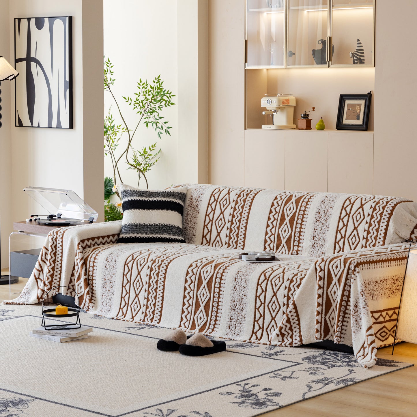 Bohemian Tufted Sofa Cover, Plush Fleece Throw Blanket with 3D Woven Aztec Stripes