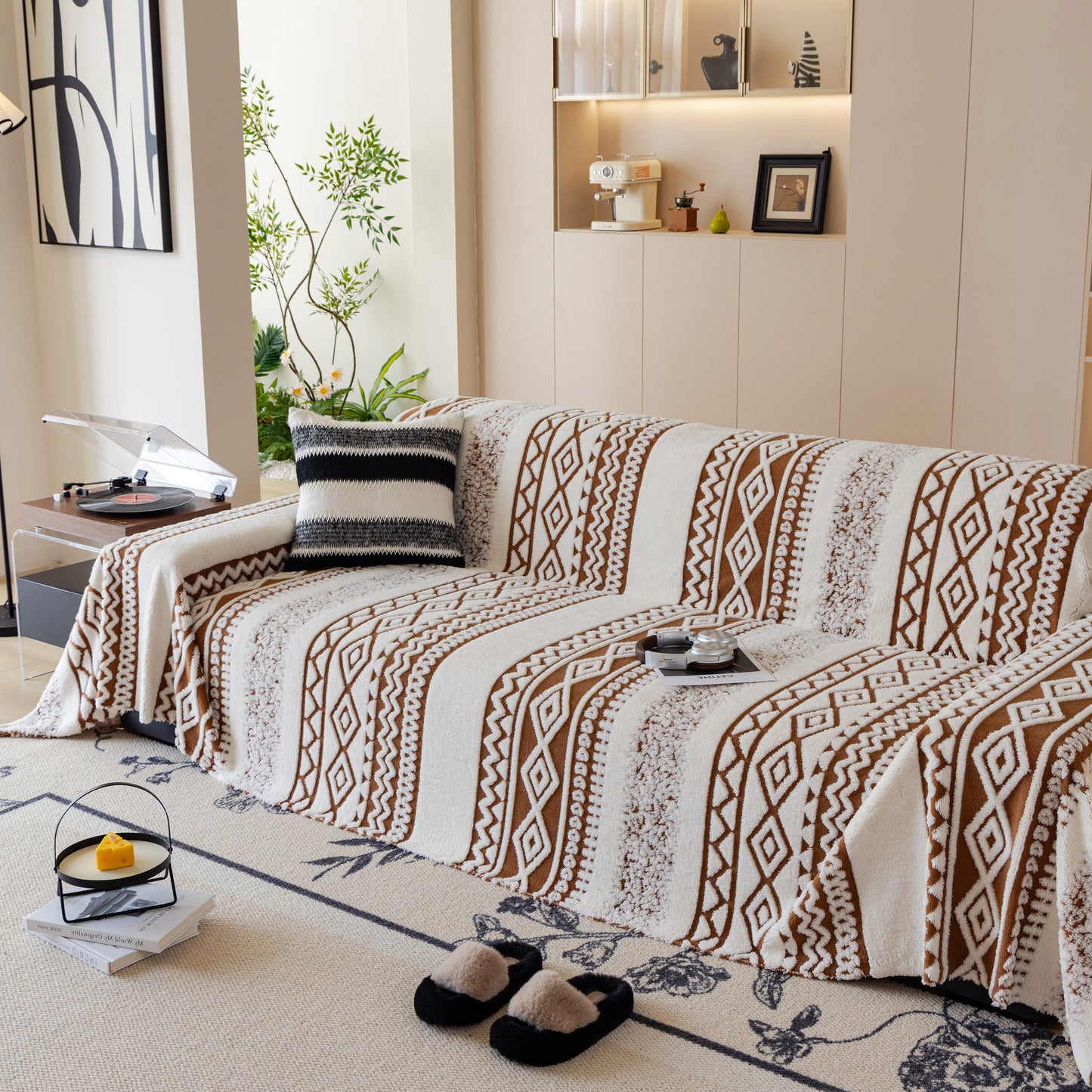 Bohemian Tufted Sofa Cover, Plush Fleece Throw Blanket with 3D Woven Aztec Stripes