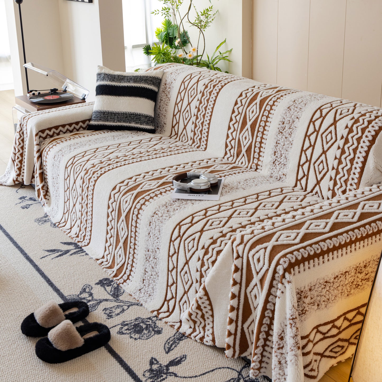 Bohemian Tufted Sofa Cover, Plush Fleece Throw Blanket with 3D Woven Aztec Stripes