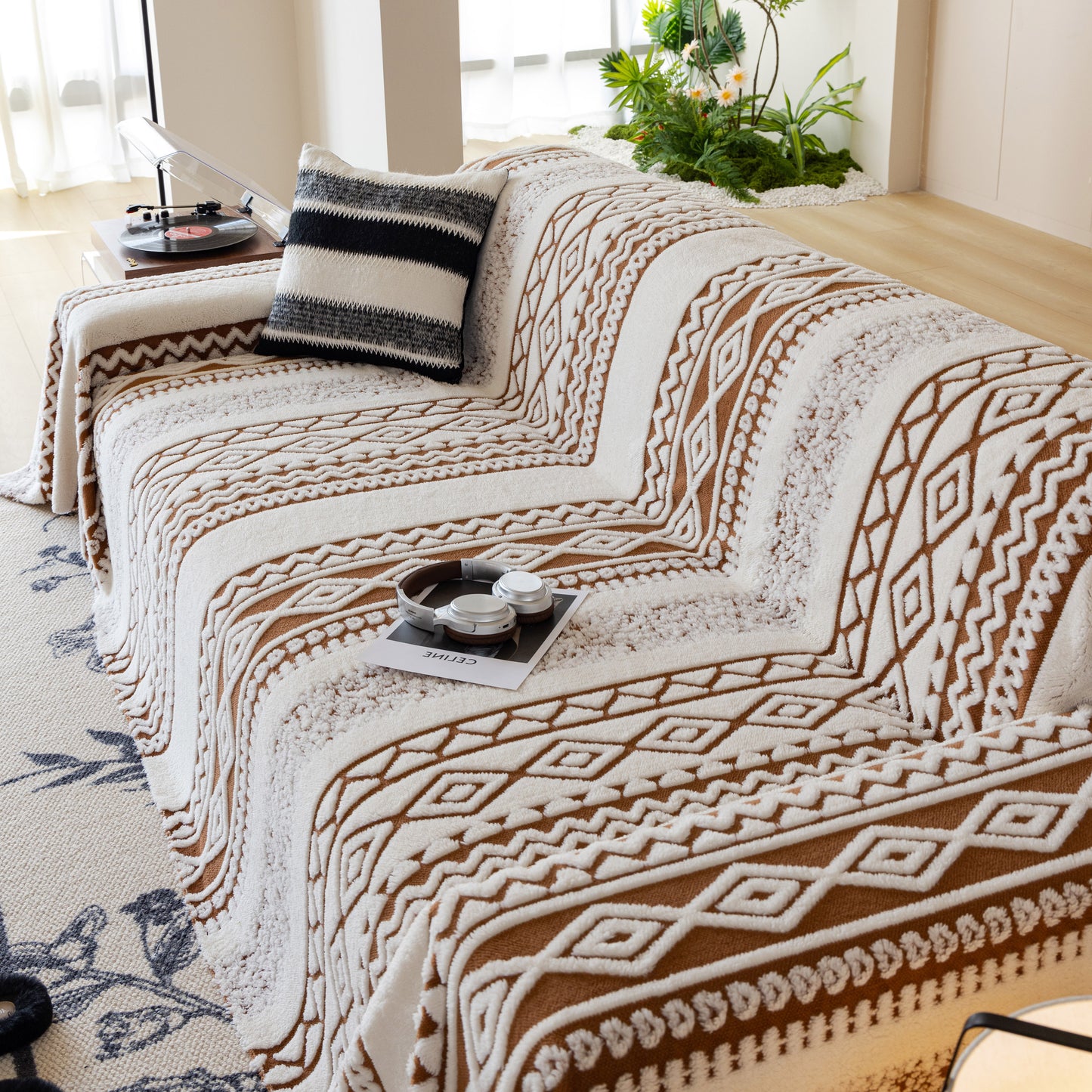 Bohemian Tufted Sofa Cover, Plush Fleece Throw Blanket with 3D Woven Aztec Stripes