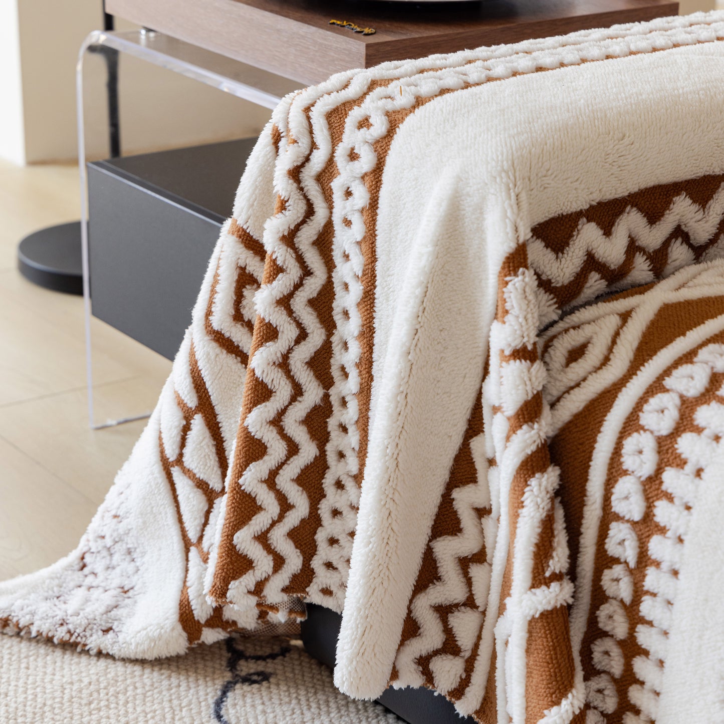Bohemian Tufted Sofa Cover, Plush Fleece Throw Blanket with 3D Woven Aztec Stripes