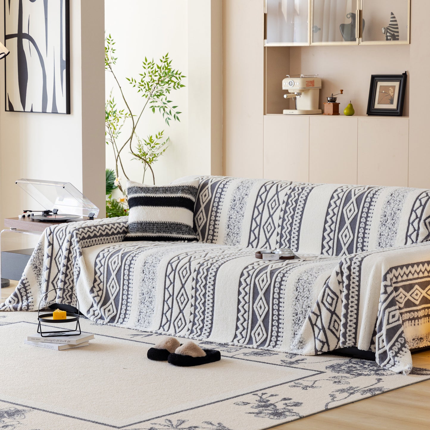 Bohemian Tufted Sofa Cover, Plush Fleece Throw Blanket with 3D Woven Aztec Stripes