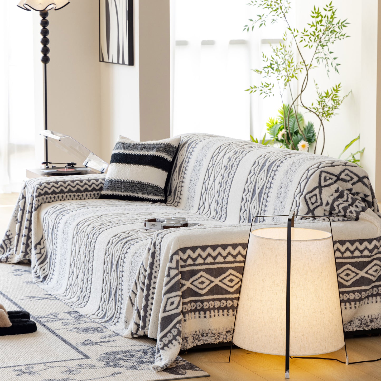 Bohemian Tufted Sofa Cover, Plush Fleece Throw Blanket with 3D Woven Aztec Stripes