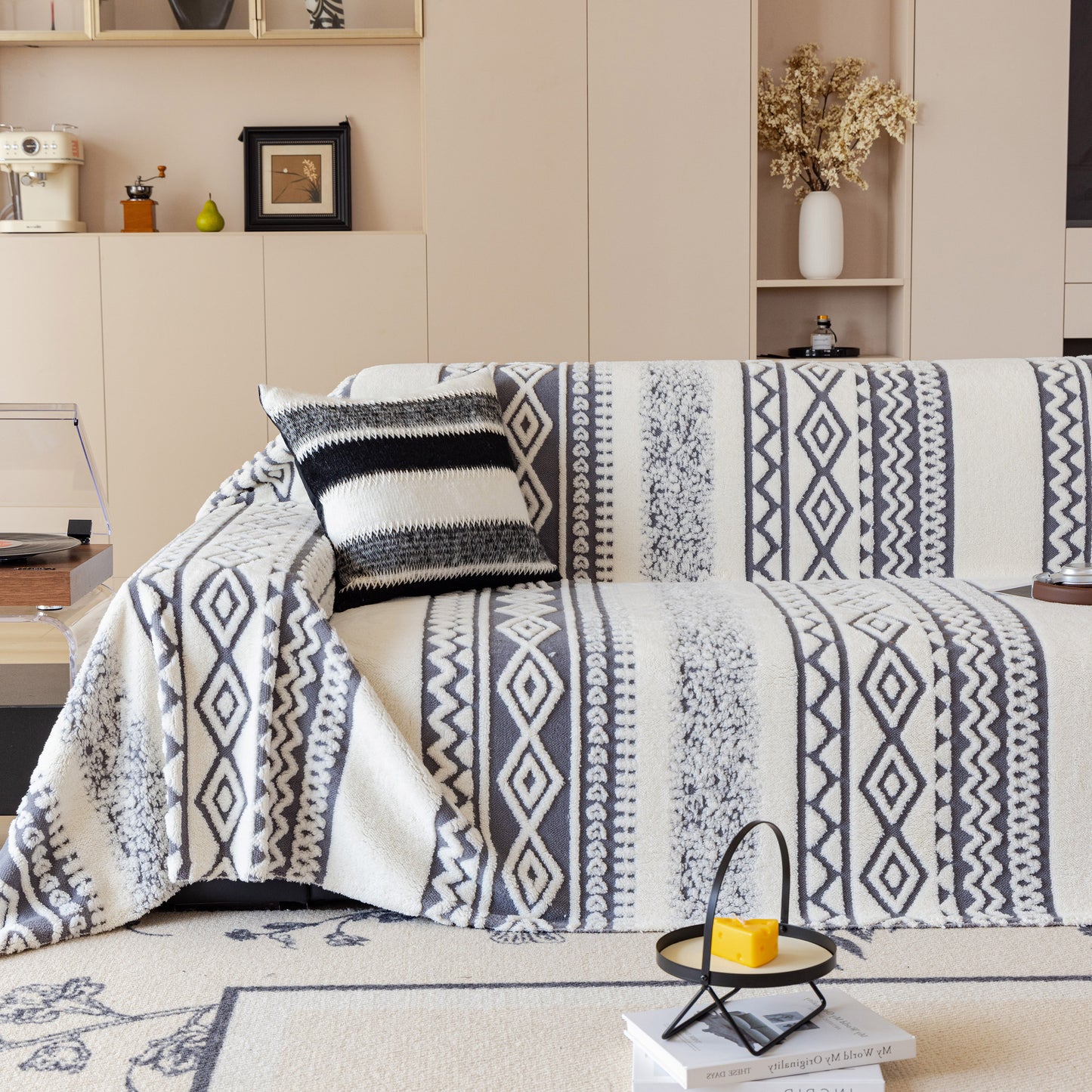 Bohemian Tufted Sofa Cover, Plush Fleece Throw Blanket with 3D Woven Aztec Stripes