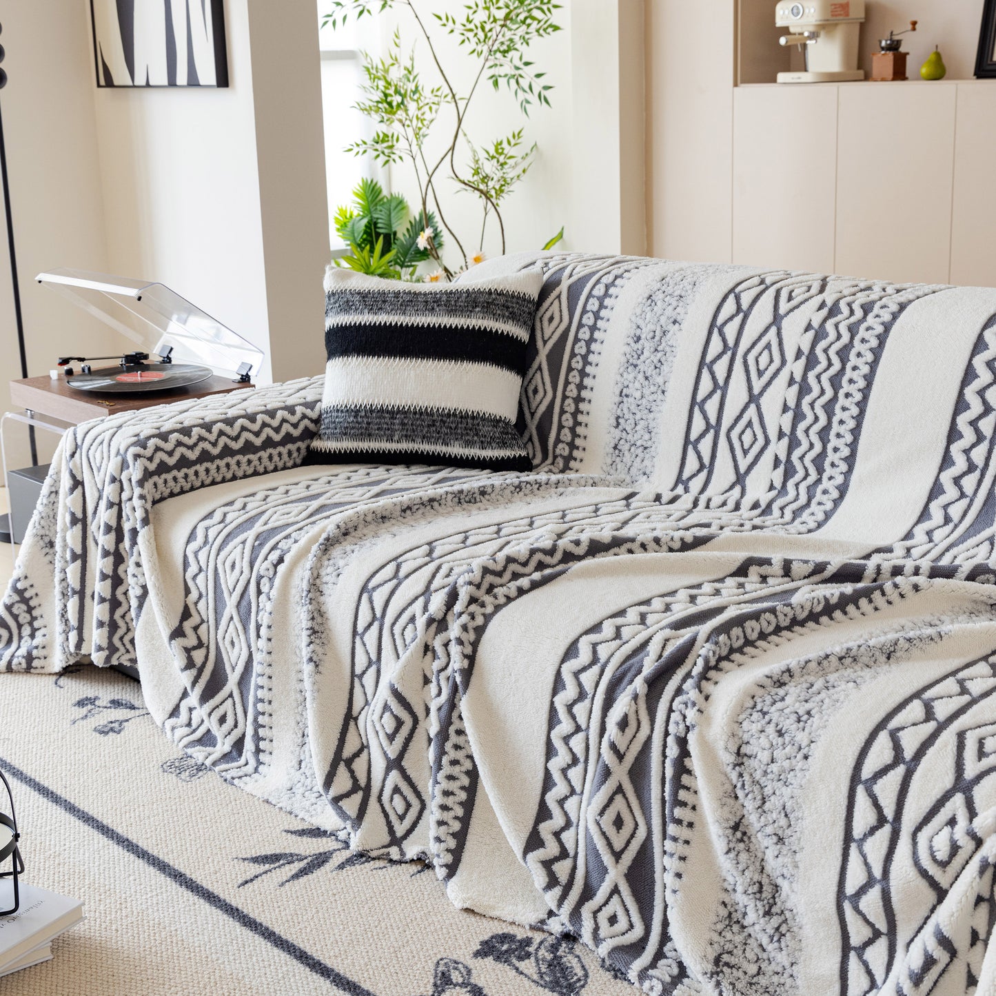Bohemian Tufted Sofa Cover, Plush Fleece Throw Blanket with 3D Woven Aztec Stripes