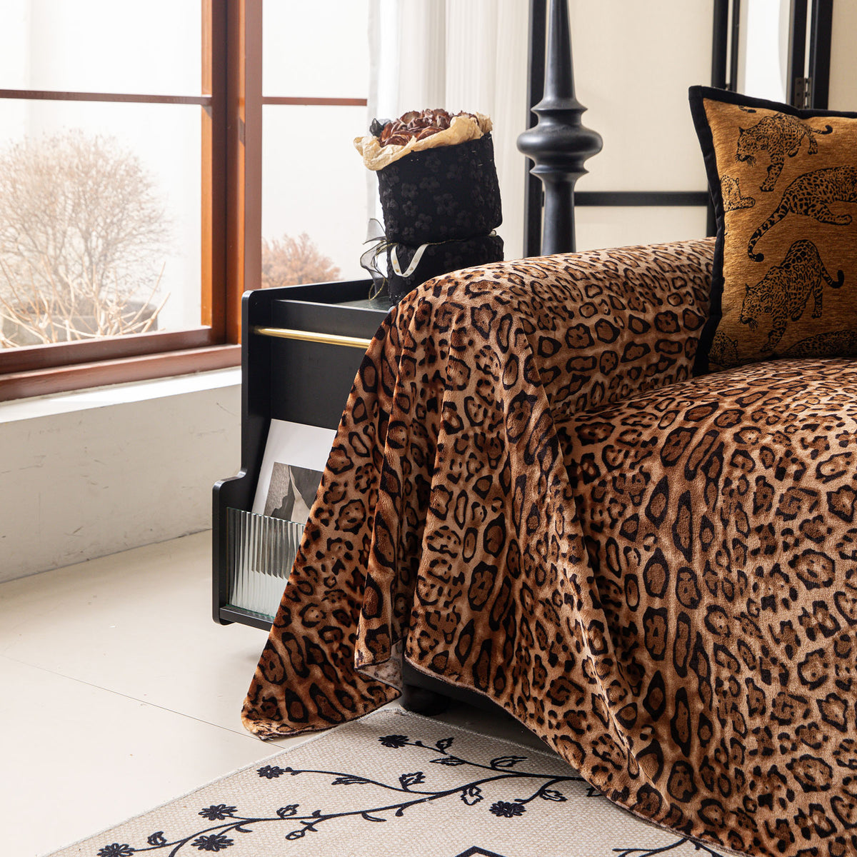 Leopard Print Flannel Sofa Throw Cover, Soft Couch Protector for Pets, Kids & Home