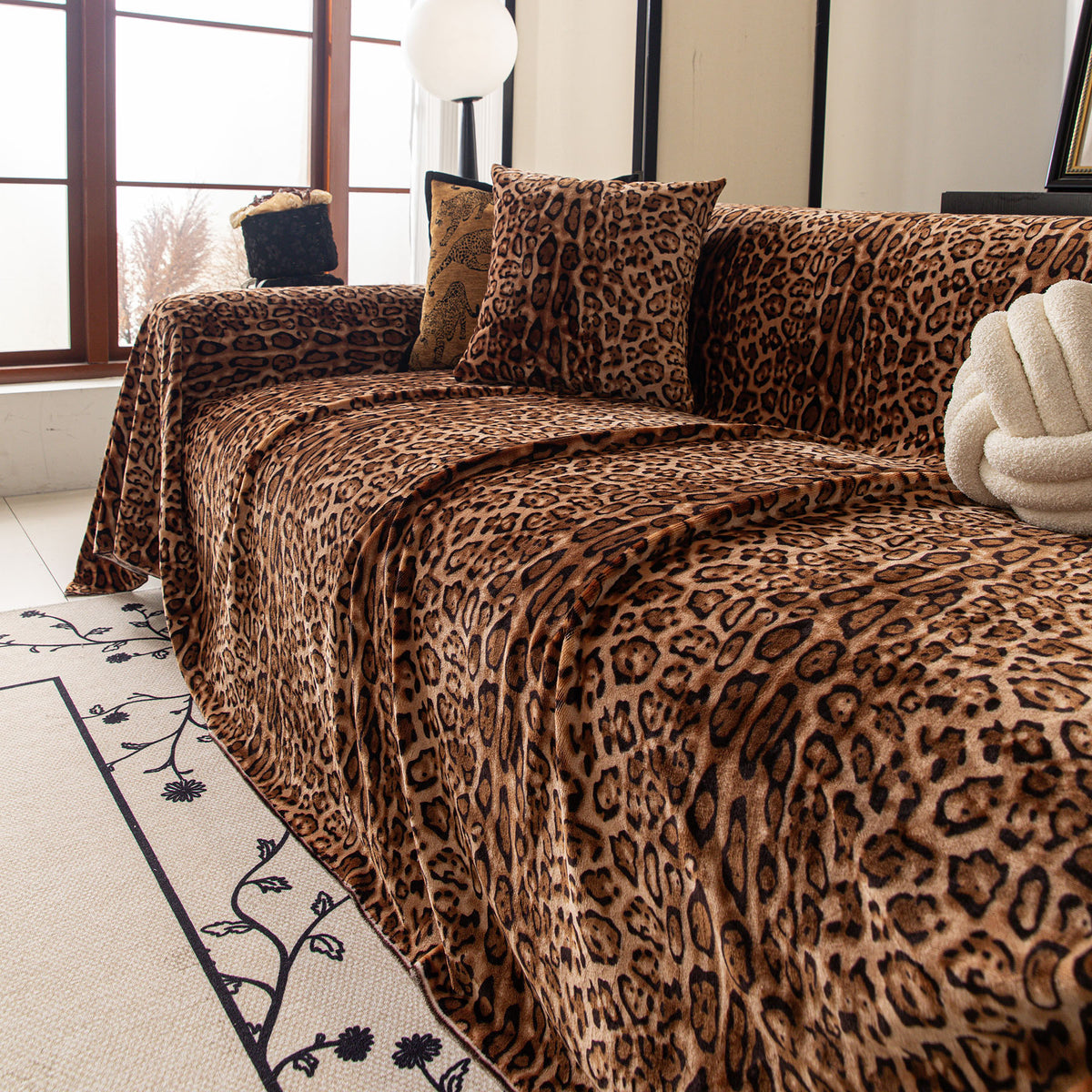 Leopard Print Flannel Sofa Throw Cover, Soft Couch Protector for Pets, Kids & Home