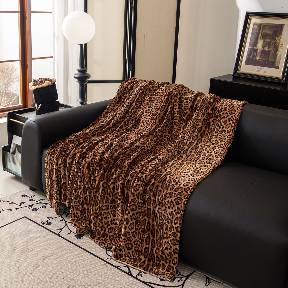 Leopard Print Flannel Sofa Throw Cover, Soft Couch Protector for Pets, Kids & Home
