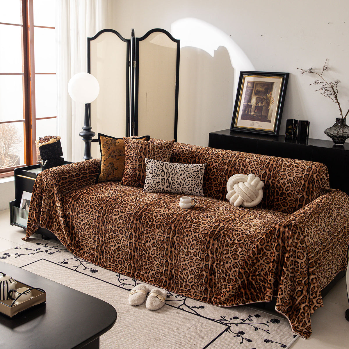Leopard Print Flannel Sofa Throw Cover, Soft Couch Protector for Pets, Kids & Home