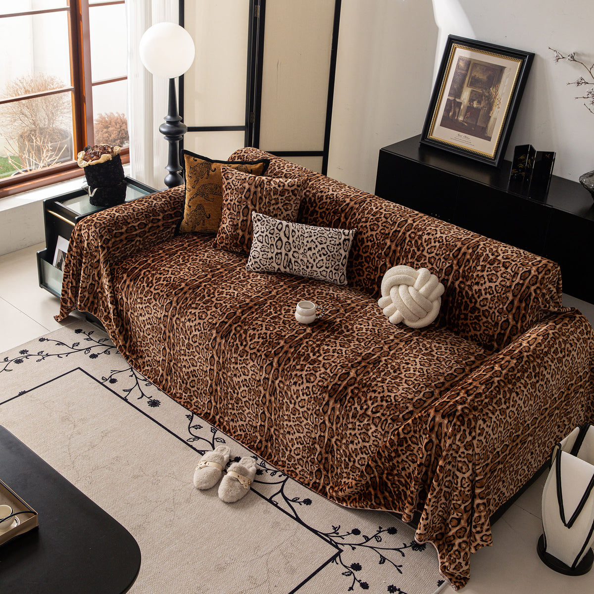 Leopard Print Flannel Sofa Throw Cover, Soft Couch Protector for Pets, Kids & Home