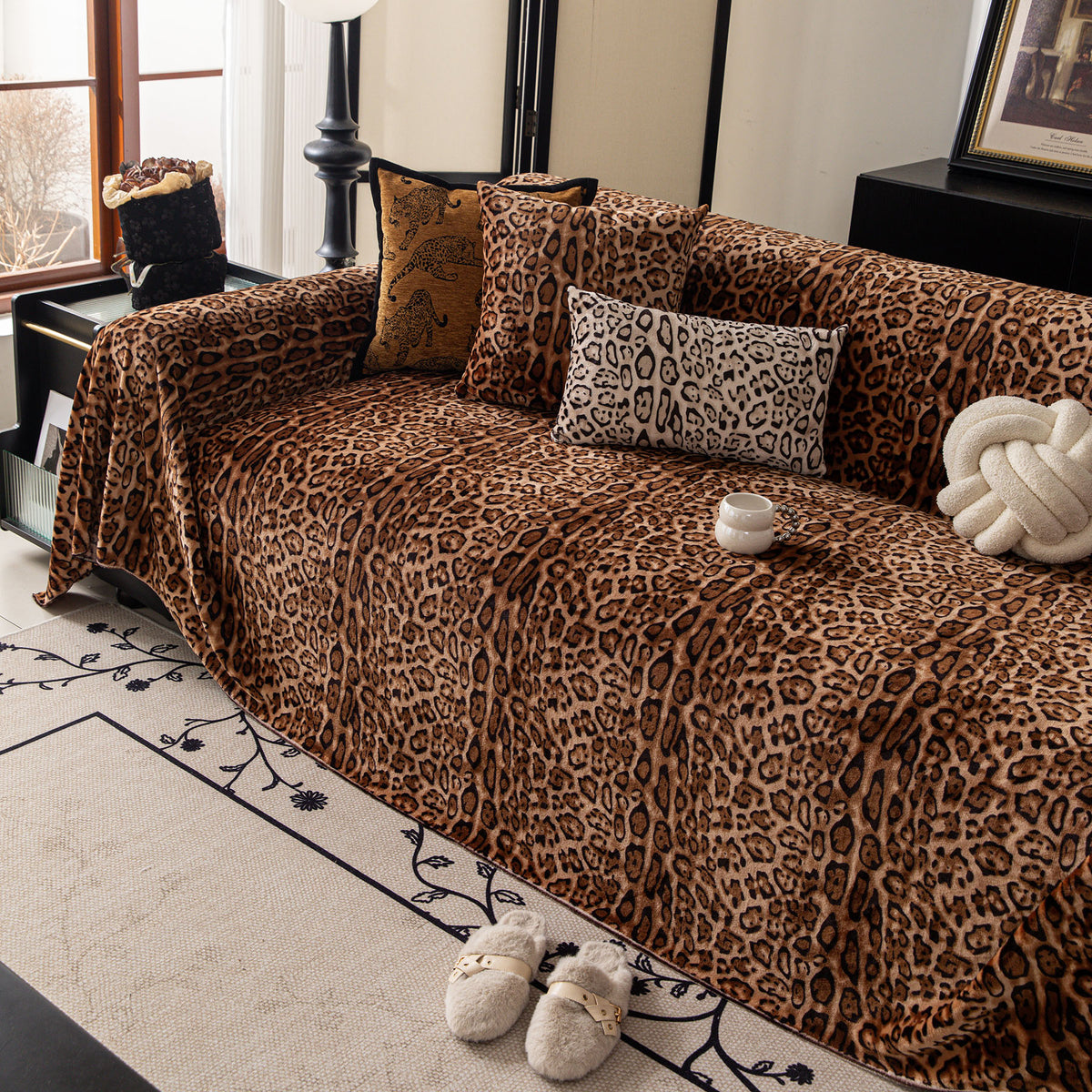 Leopard Print Flannel Sofa Throw Cover, Soft Couch Protector for Pets, Kids & Home